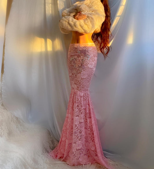 Light Pink Lace Floral Embroidered Sheer Mermaid Maxi Skirt
