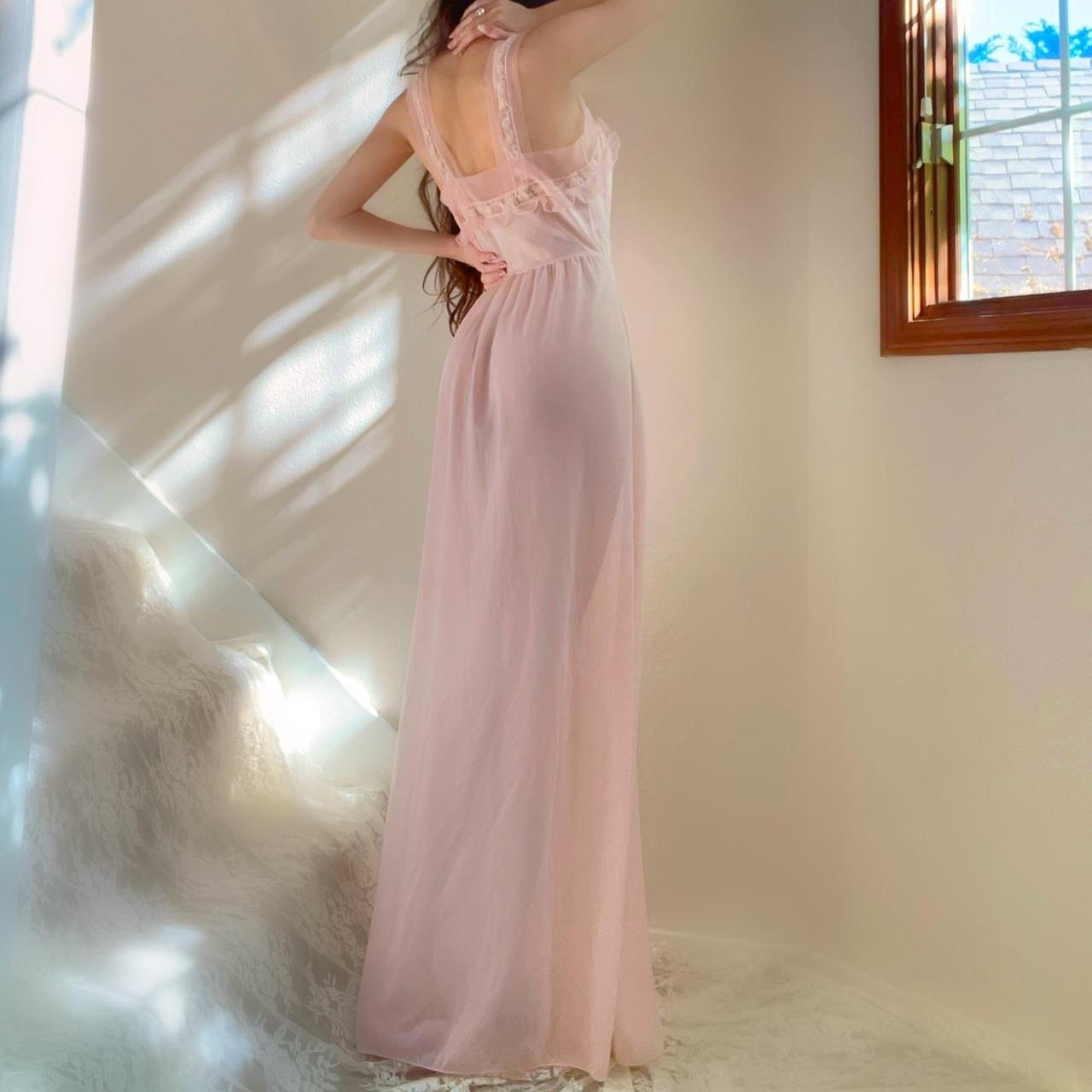 1940s baby pink ballerina princess ruffled nylon lingerie maxi dress