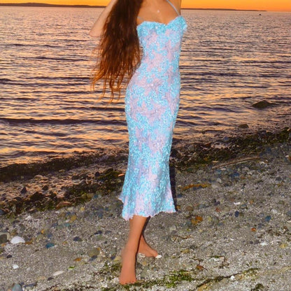 Siren Princess Baby Blue & Pink Sparkly Lace Mermaid Midi Dress