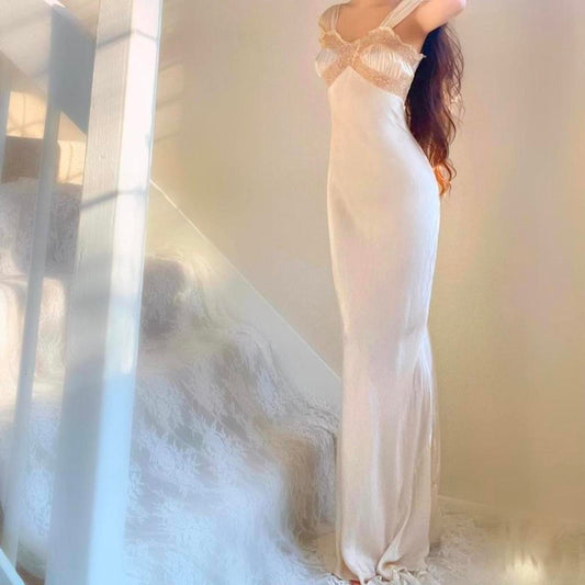 1920s/30s antique champagne nude liquid satin & lace bias cut lingerie gown