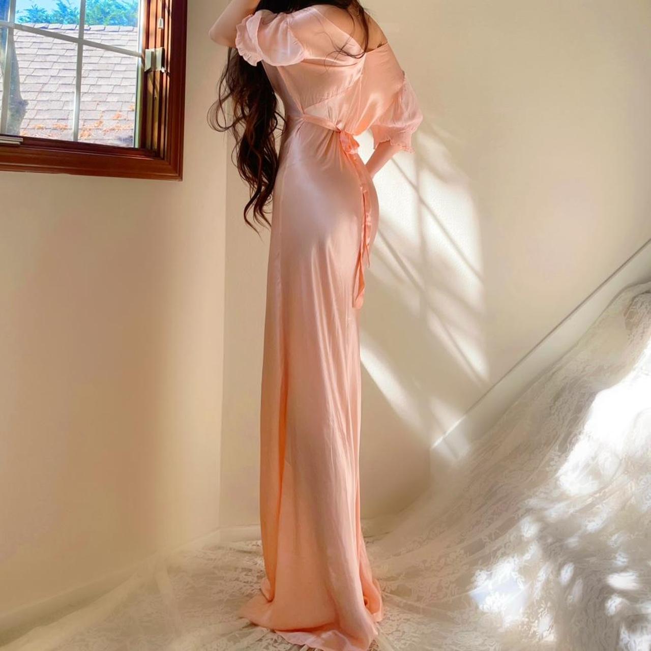 1930s antique peachy baby pink floral ruffle sleeve bias cut lingerie gown