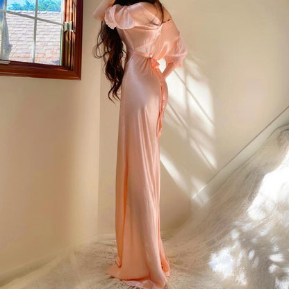 1930s antique peachy baby pink floral ruffle sleeve bias cut lingerie gown