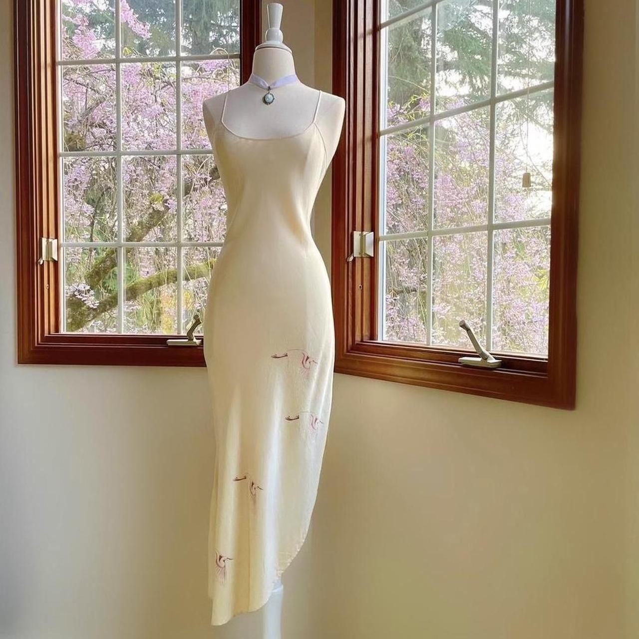 1970s vintage Nightingale champagne nude silk bias cut crane print lingerie slip dress