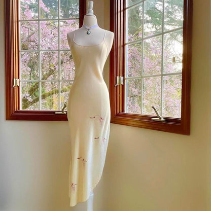 1970s vintage Nightingale champagne nude silk bias cut crane print lingerie slip dress