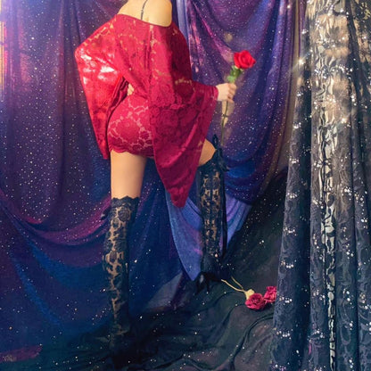 Burgundy/Maroon Lace Draped Batwing Mini Dress