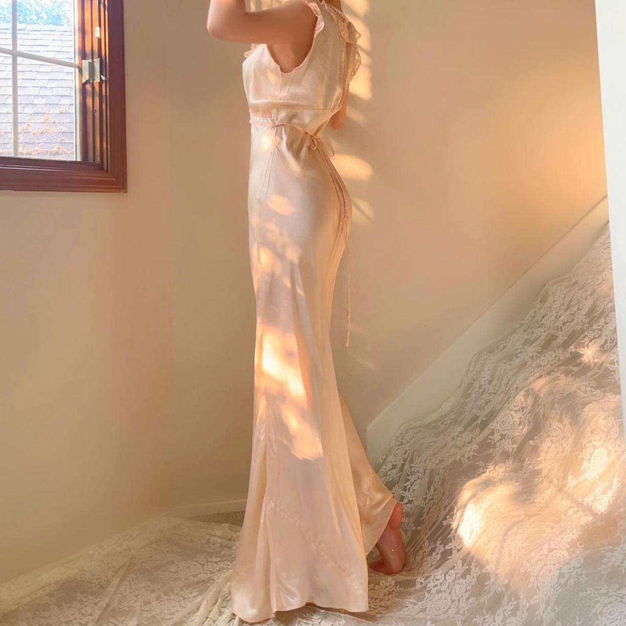 1930s antique peachy baby pink bias cut lace trim lingerie gown