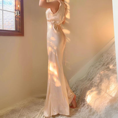 1930s antique peachy baby pink bias cut lace trim lingerie gown