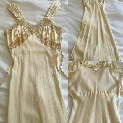 1920s/30s antique champagne nude liquid satin & lace bias cut lingerie gown