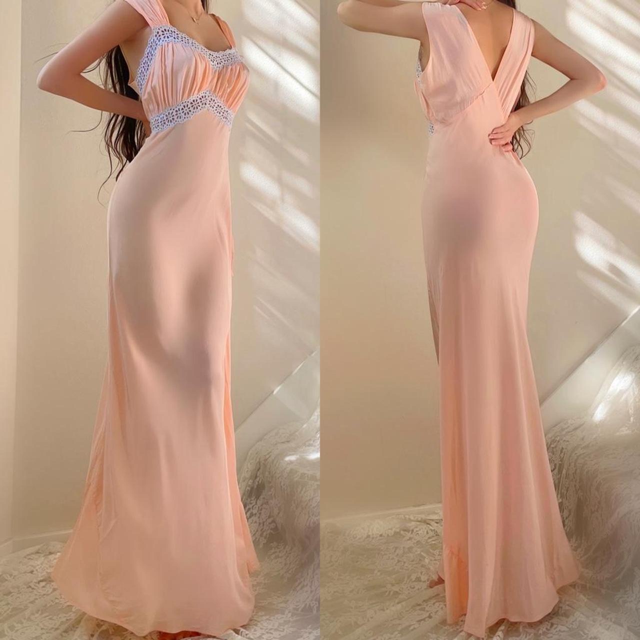 1940s vintage peachy pink & gray rayon bias cut lingerie gown