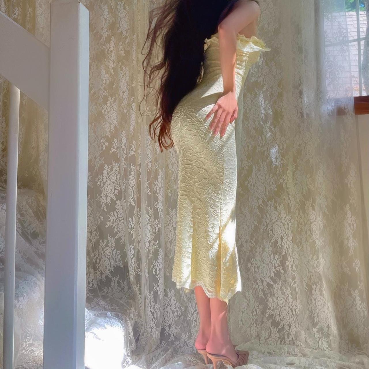 Handcrafted Pale Yellow Sparkly Lace Ruffle Mermaid Bodycon Midi Dress