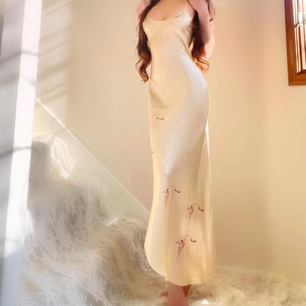 1970s Nightingale Champagne Nude Silk Bias Cut Crane Print Lingerie Slip Dress