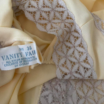 1970s Vanity Fair butter yellow nylon/lace buttoned lingerie gown