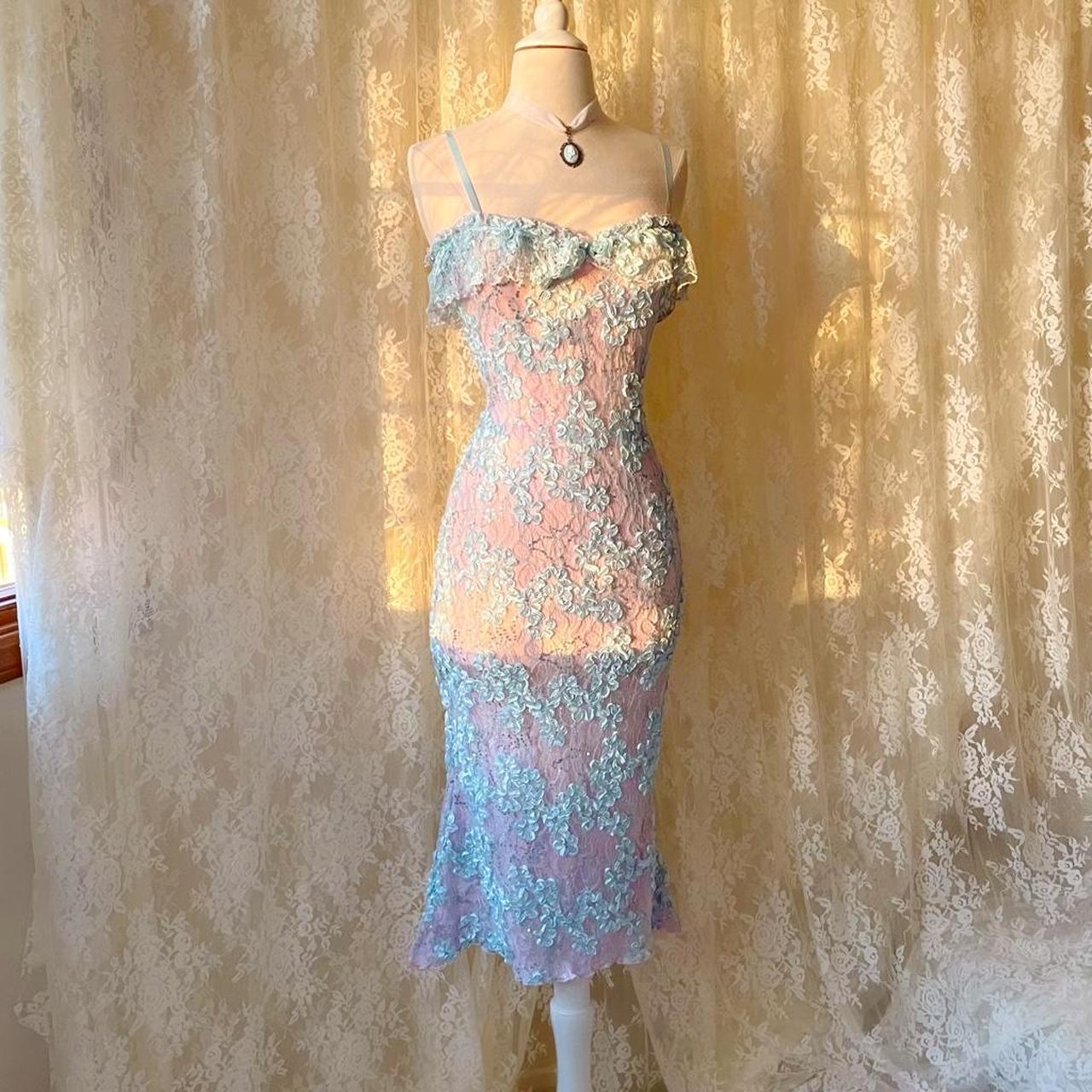 Siren Princess Baby Blue & Pink Sparkly Lace Mermaid Midi Dress