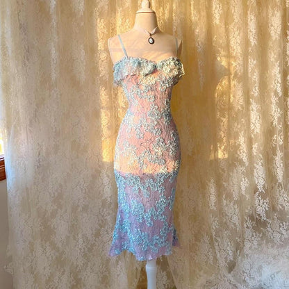 Siren Princess Baby Blue & Pink Sparkly Lace Mermaid Midi Dress