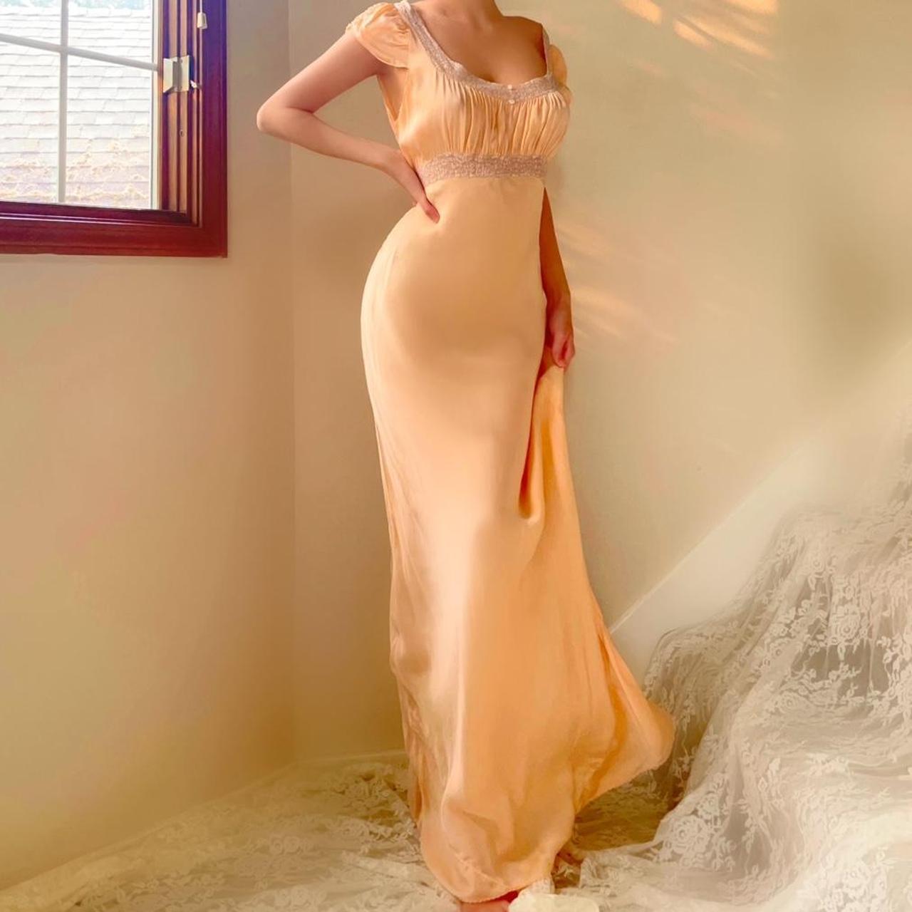1930s antique pale peach/apricot silk and lace bias cut lingerie gown
