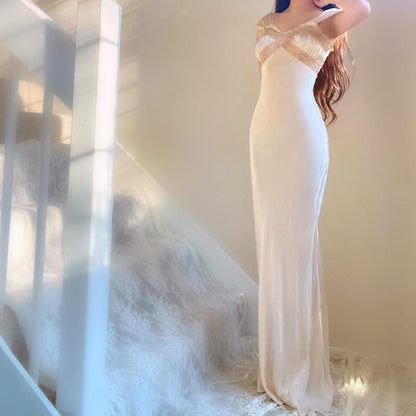 1920s antique champagne/nude liquid satin & lace bias cut lingerie gown