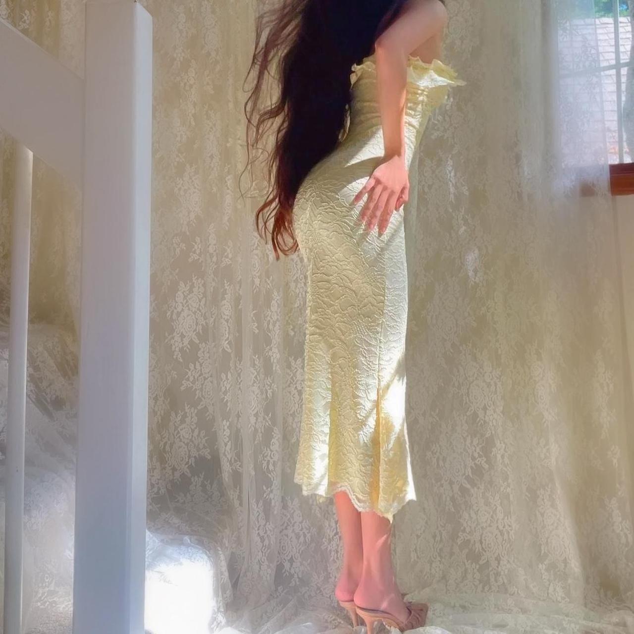 Pale Yellow Sparkly Lace Ruffle Strapless Midi Dress