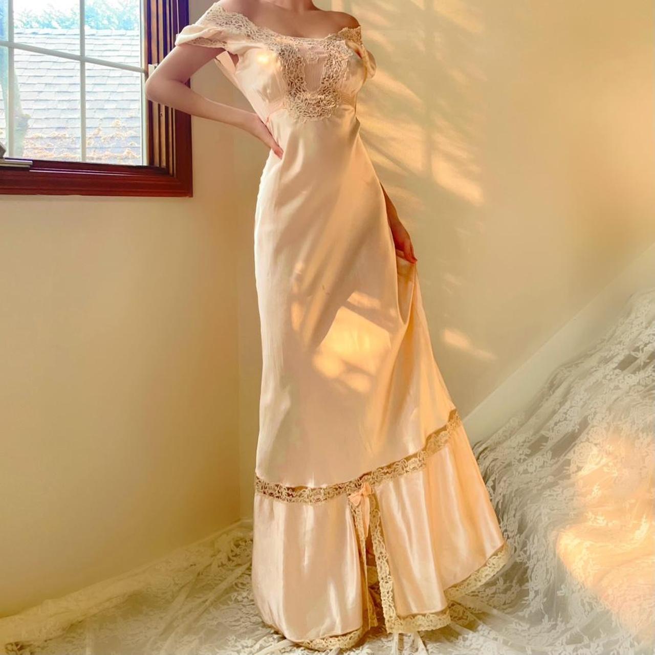 1930s antique palest peach/pink lace bias cut lingerie gown