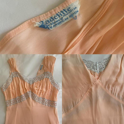 1940s vintage peachy pink & gray rayon bias cut lingerie gown