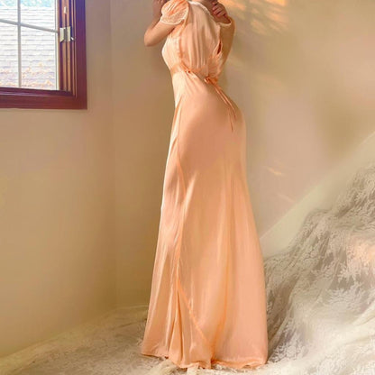 1940s vintage peach & cream lace bias cut lingerie gown