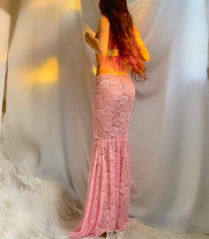 Light Pink Lace Floral Embroidered Sheer Mermaid Maxi Skirt