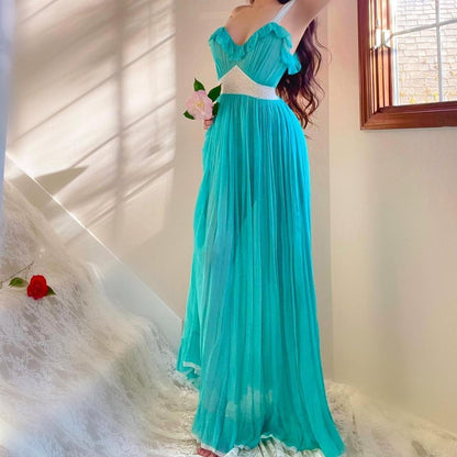 1940s mermaid turquoise/white silk chiffon bias cut pleated ruffle lingerie gown