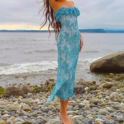 Baby Blue/White Sparkly Lace Mermaid Midi Dress