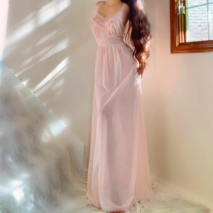 1940s baby pink ballerina princess ruffled nylon lingerie maxi dress