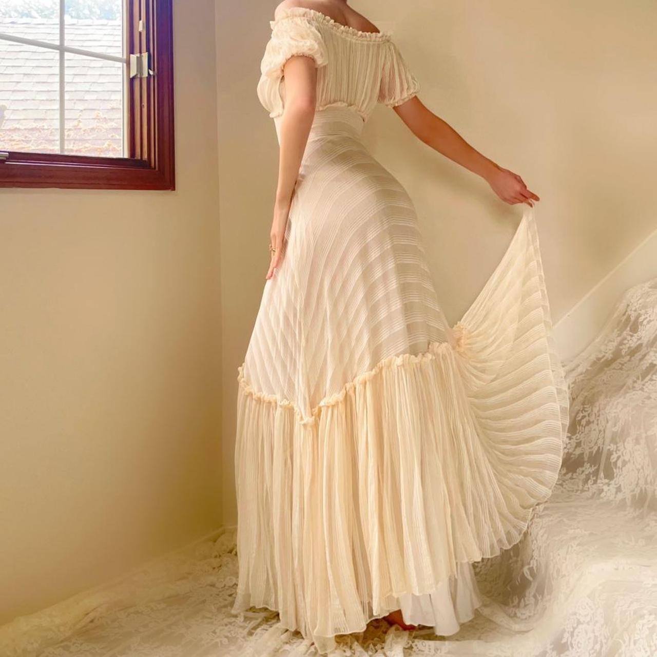 1930s antique ivory/cream stripped silk chiffon ruched gown