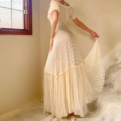 1930s antique ivory/cream stripped silk chiffon ruched gown