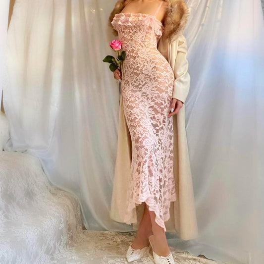Baby Pink Ruffle Asymmetric Hem Fairy Lingerie Midi Dress