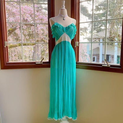 1930s/40s turquoise & white silk chiffon bias cut pleated ruffle mermaid lingerie gow
