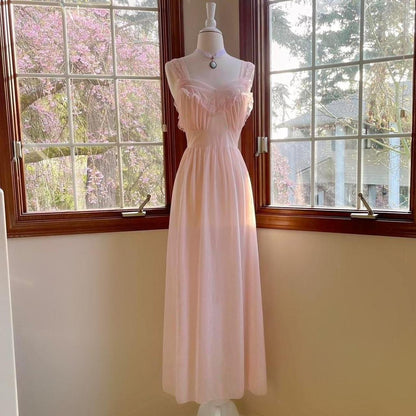 1940s vintage baby pink ruffled nylon ballerina lingerie maxi dress