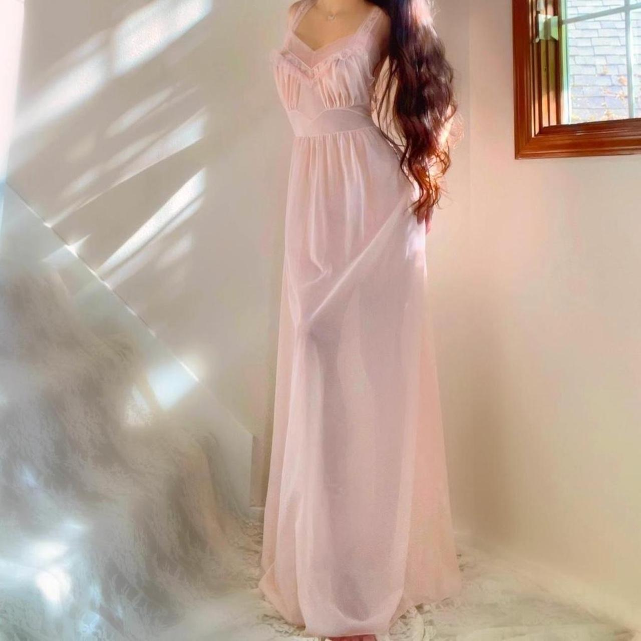 1940s vintage baby pink ruffled nylon ballerina lingerie maxi dress