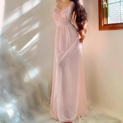 1940s vintage baby pink ruffled nylon ballerina lingerie maxi dress