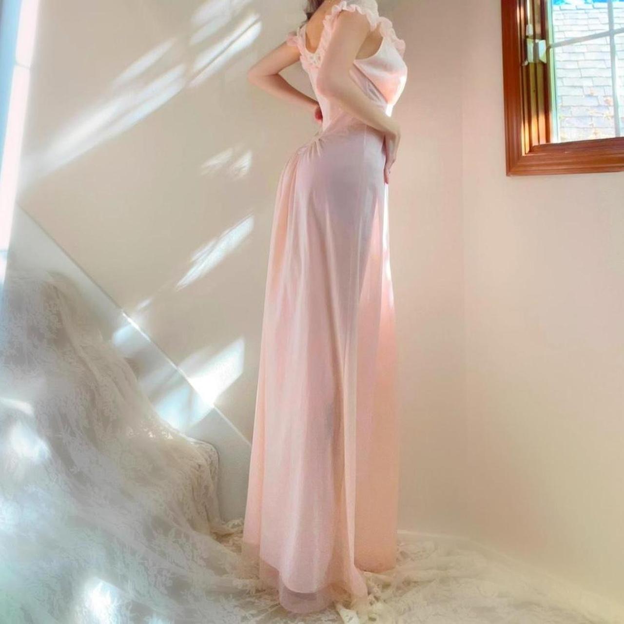 1940s/50s vintage Vanity Fair baby pink ruffled sheer nylon lingerie gown