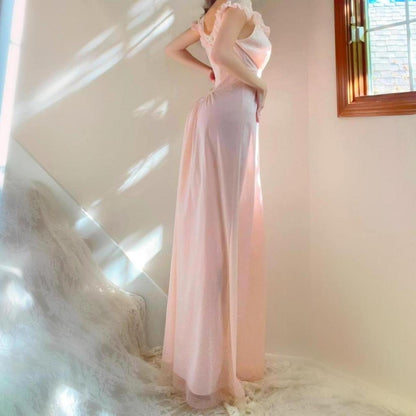 1940s/50s vintage Vanity Fair baby pink ruffled sheer nylon lingerie gown