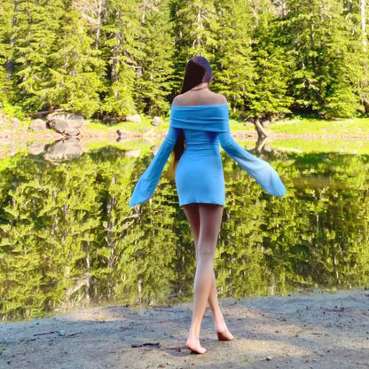 Aphrodite’s Angel Baby Blue Off the Shoulder Angel Sleeve Mini Dress