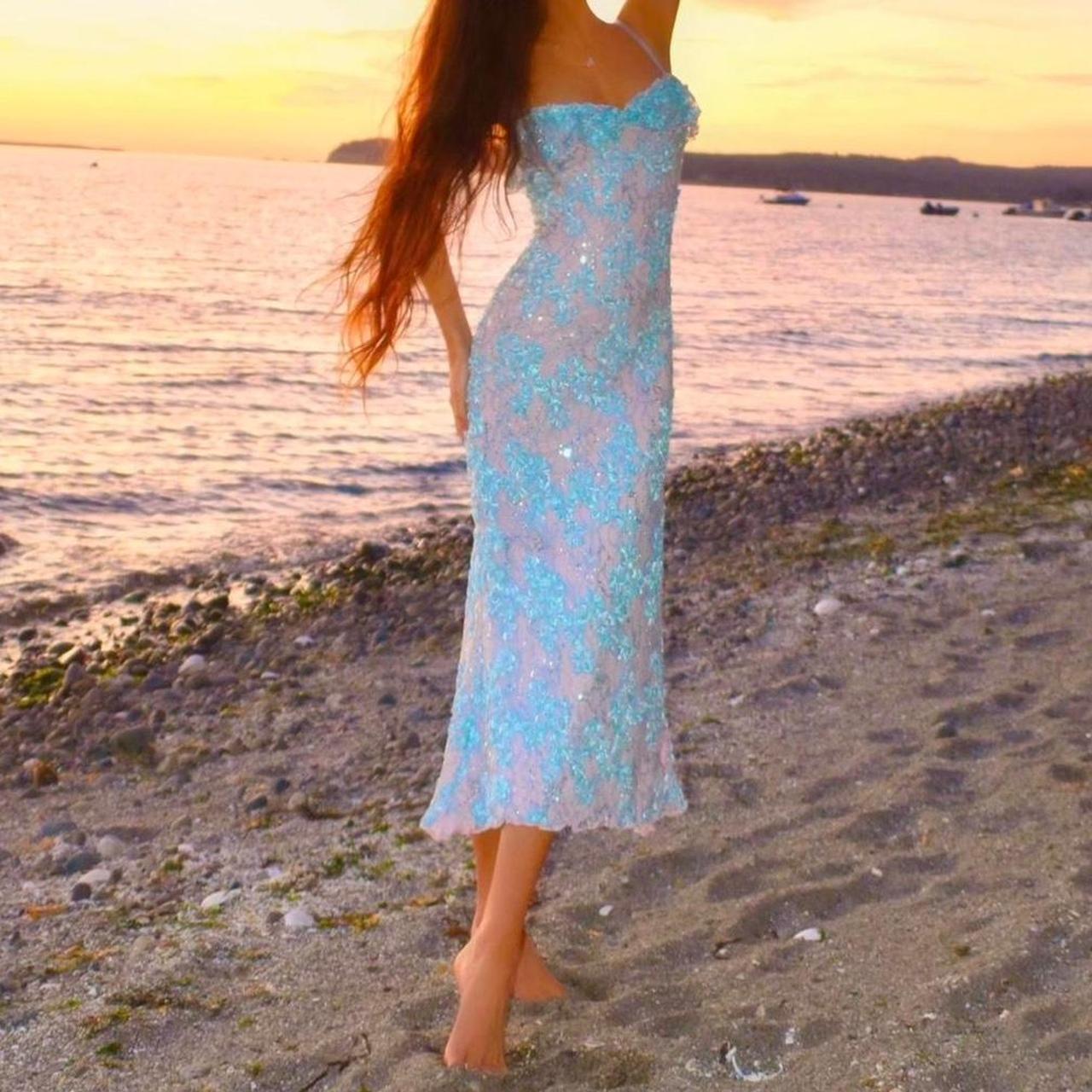 Siren Princess Baby Blue & Pink Sparkly Lace Mermaid Midi Dress