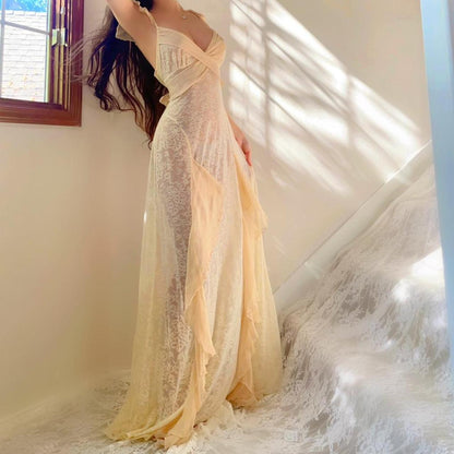 1930s antique ivory/cream lace and silk flowy ruffled lingerie gown