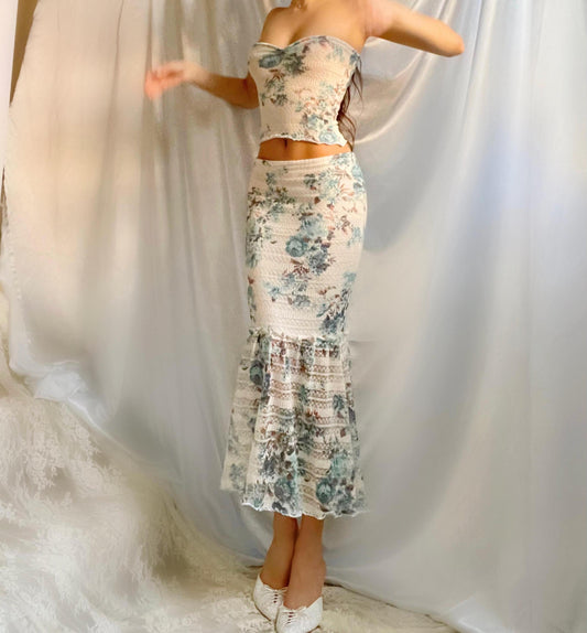 Blue/White Floral Soft Knit Crop Top + Mermaid Midi Skirt Matching Set