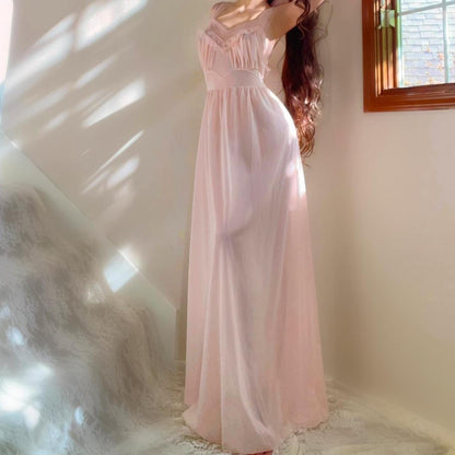 1940s baby pink ballerina princess ruffled nylon lingerie maxi dress