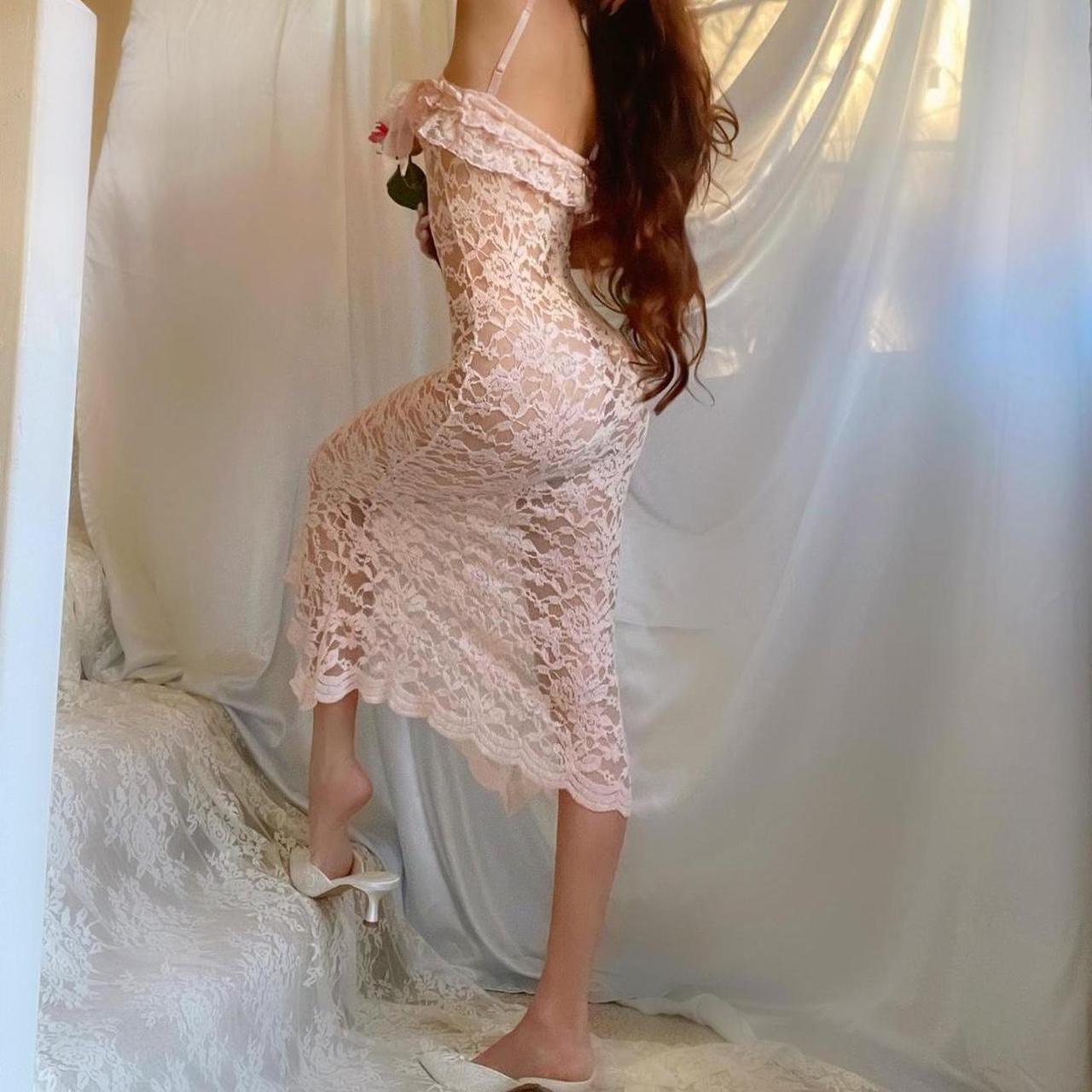 Aphrodite’s Fairy Baby Pink Lace Ruffle Asymmetric Hem Lingerie Midi Dress