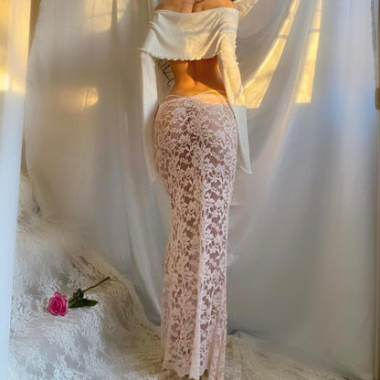 Baby Pink Lace See Through Mermaid Maxi Skirt