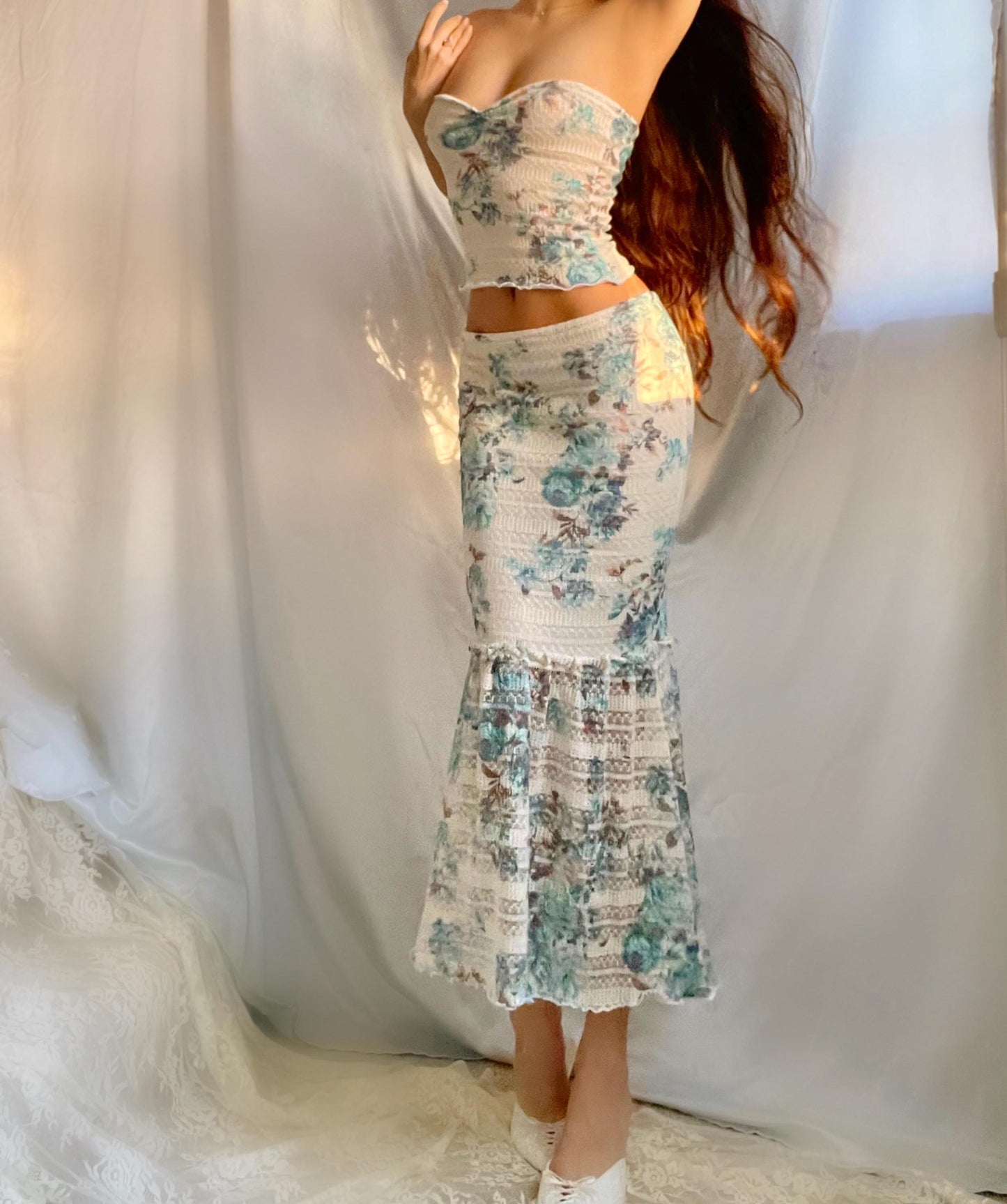 Blue/White Floral Soft Knit Crop Top + Mermaid Midi Skirt Matching Set