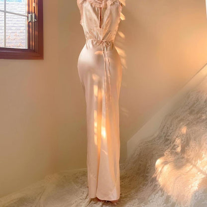 1930s antique peachy baby pink bias cut lace trim lingerie gown