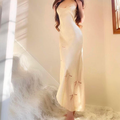1970s Nightingale Champagne Nude Silk Bias Cut Crane Print Lingerie Slip Dress