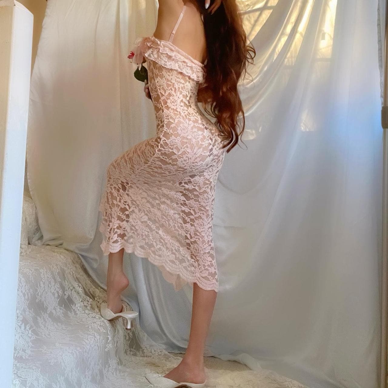 Baby Pink Ruffle Asymmetric Hem Fairy Lingerie Midi Dress