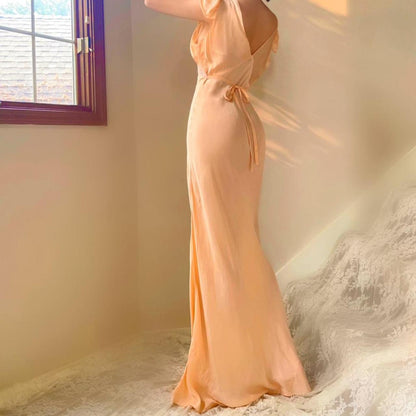 1930s antique pale peach/apricot silk and lace bias cut lingerie gown