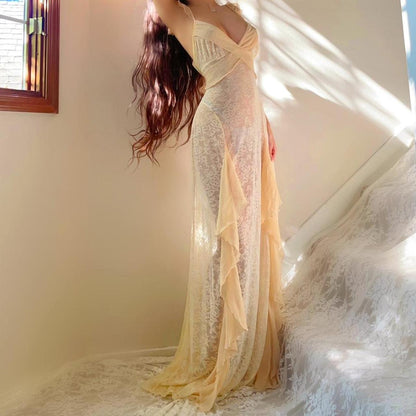 1930s antique ivory/cream lace and silk flowy ruffled lingerie gown